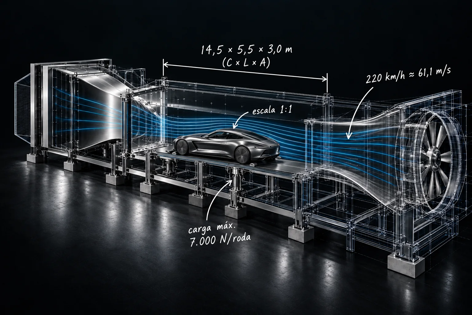 Túnel de vento conceitual com um esportivo de luxo em escala real, metade metal e metade desenho técnico. Anotações brancas manuscritas: seção de 14,5 por 5,5 por 3,0 metros, vento a 220 km/h, escala 1:1 e suporte máximo de 7.000 N por roda.